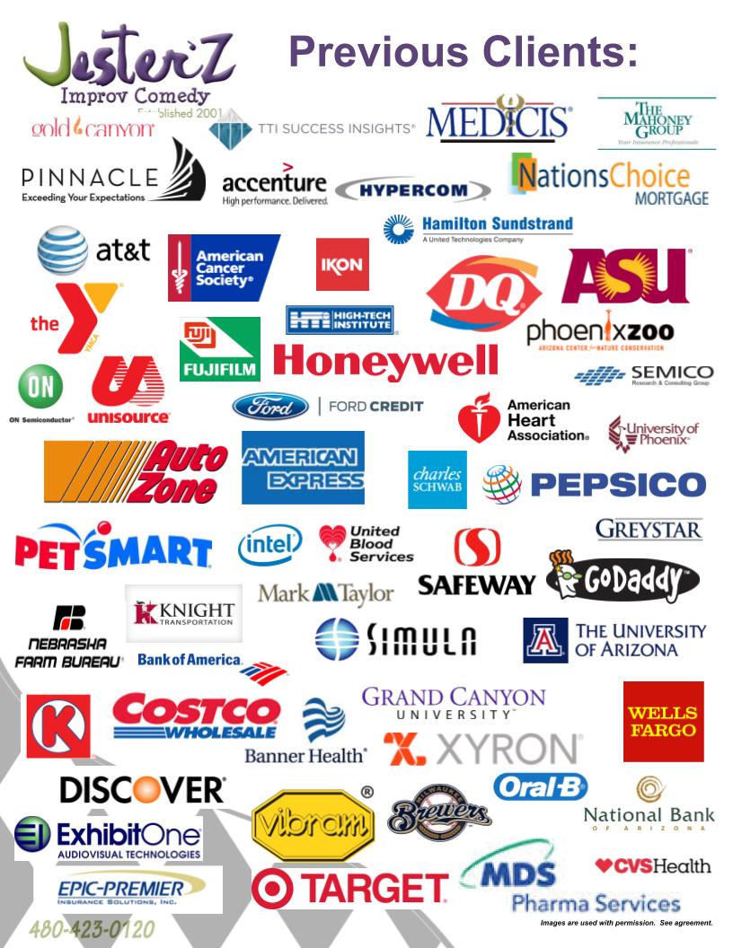 Logos of JesterZ corporate clients including AT&T, American Express, ASU, Honeywell, Intel, PetSmart, Pepsico, GoDaddy, Bank of America, Costco, Discover, Target, Wells Fargo, and many more